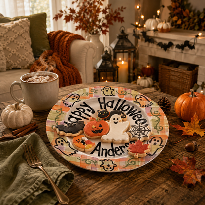 Custom Hand Painted Halloween Ceramic Plate, Plaid Ghost Pumpkin Plate, Personalized Family Name Dish, Halloween Decor Keepsake | H003