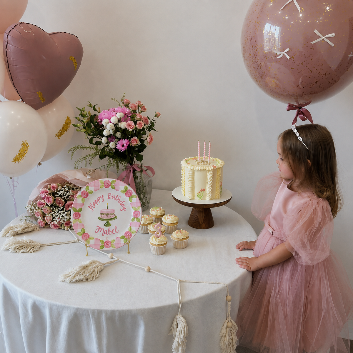 Personalized Pink Birthday Plate, Custom Ceramic Birthday Dish, Pink Gingham Rose Plate, Girls Birthday Tradition Heirloom Keepsake | B016