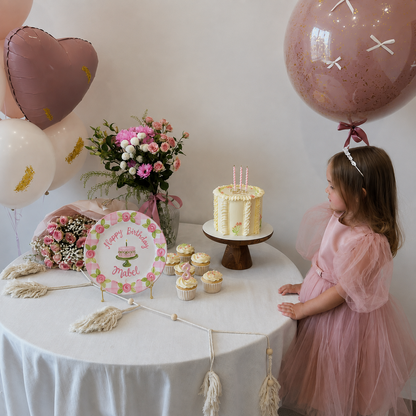 Personalized Pink Birthday Plate, Custom Ceramic Birthday Dish, Pink Gingham Rose Plate, Girls Birthday Tradition Heirloom Keepsake | B016