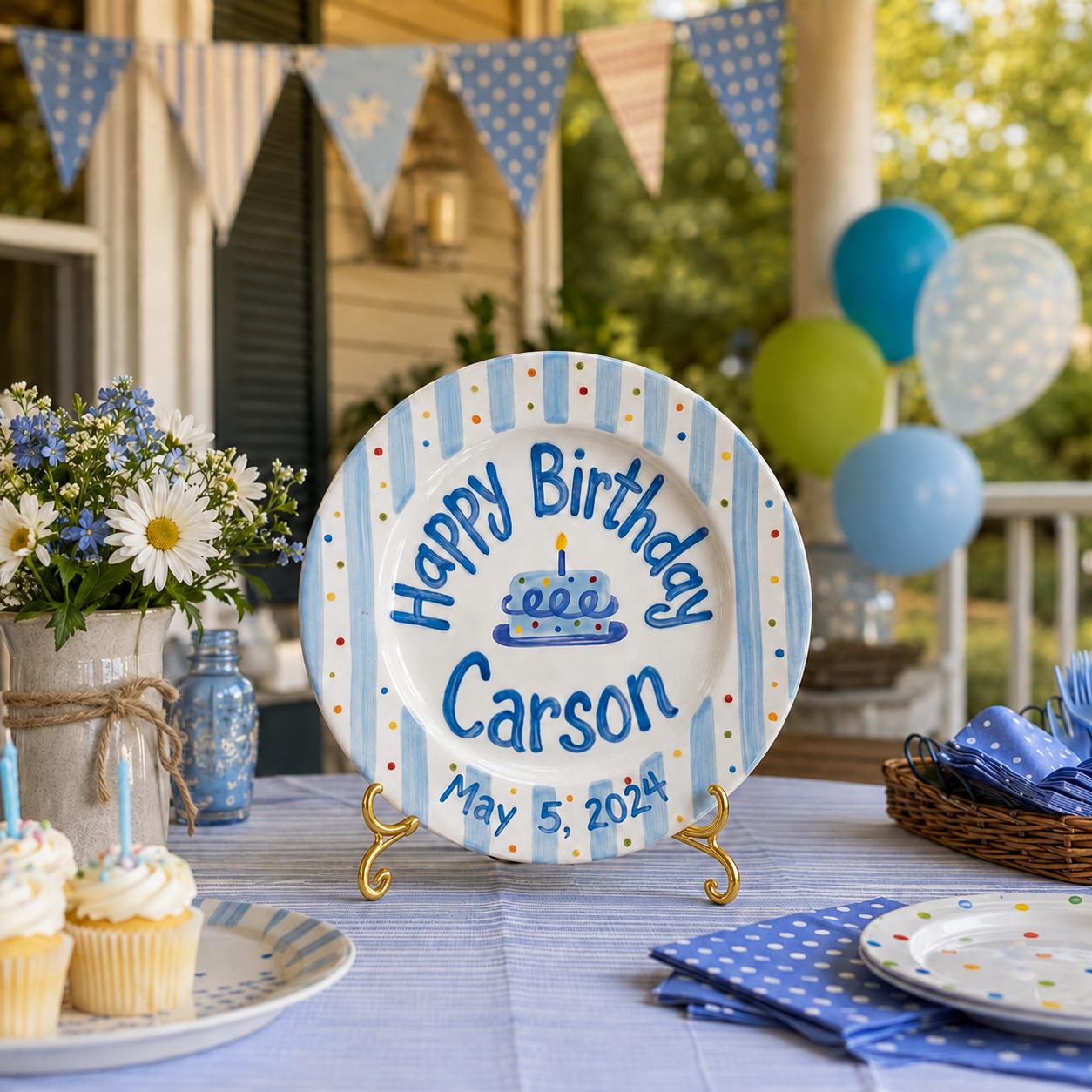 Custom Hand Painted Ceramic Birthday Plate, Blue Stripe Confetti Plate, Personalized Birthday Plate Date, First Birthday Gift Boy | B091
