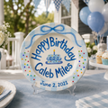 Custom Hand Painted Ceramic Birthday Plate, Blue Bow Gingham Plate, Personalized Birthday Plate with Date, First Birthday Gift Boy | B094