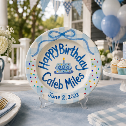 Personalized Blue Birthday Plate, Custom Ceramic Birthday Dish, Blue Gingham Ribbon Bow Plate, Boys Birthday Tradition Heirloom Keepsake | B094