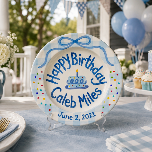 Custom Hand Painted Ceramic Birthday Plate, Blue Bow Gingham Plate, Personalized Birthday Plate with Date, First Birthday Gift Boy | B094