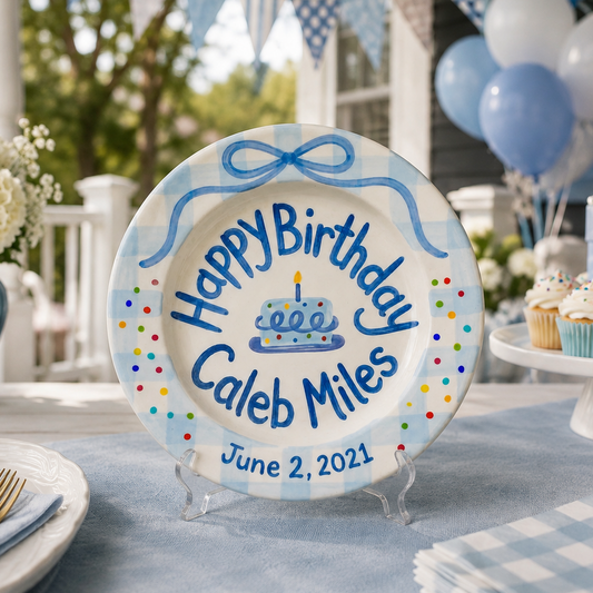 Custom Hand Painted Ceramic Birthday Plate, Blue Bow Gingham Plate, Personalized Birthday Plate with Date, First Birthday Gift Boy | B094