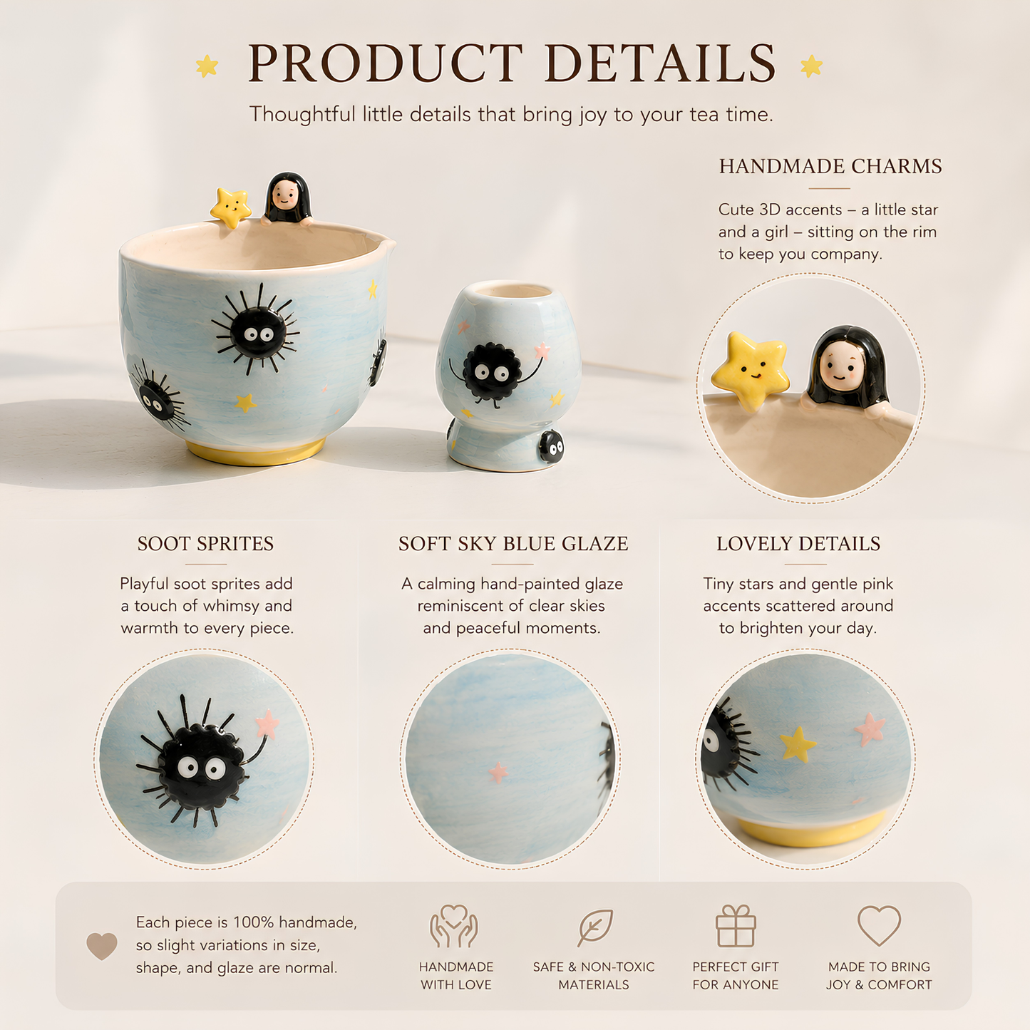 Spirited Away No-Face & Soot Sprite 3D Handcrafted Ceramic Matcha Bowl and Whisk Holder Set • HX18