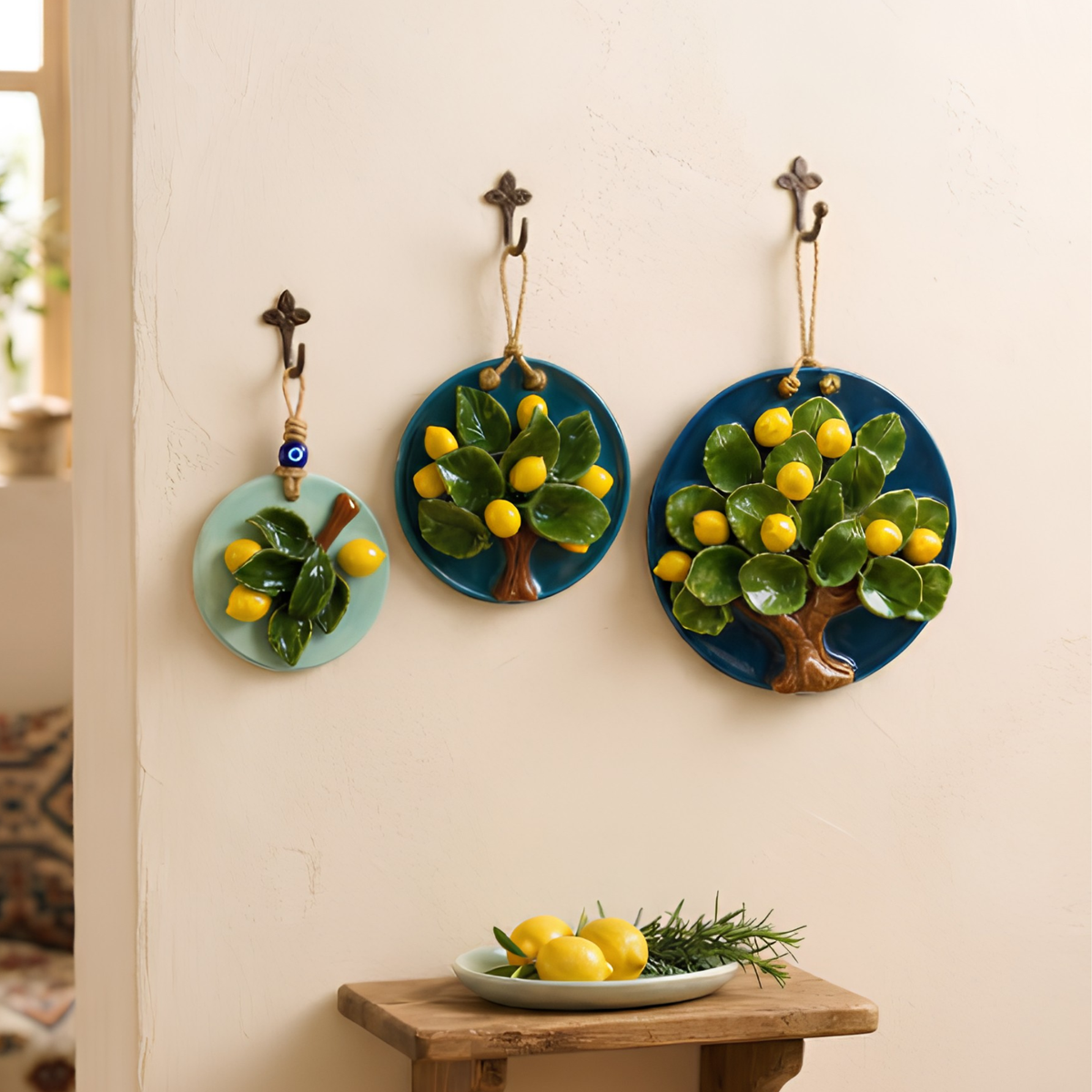 3D Ceramic Lemon Tree Wall Hanging Plaque, Handmade Mediterranean Kitchen Wall Decor • HX47