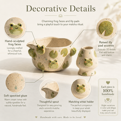 Handmade Cute Frog Ceramic Matcha Bowl Set | Kawaii Lily Pad Spouted Chawan & Whisk Holder • HX55