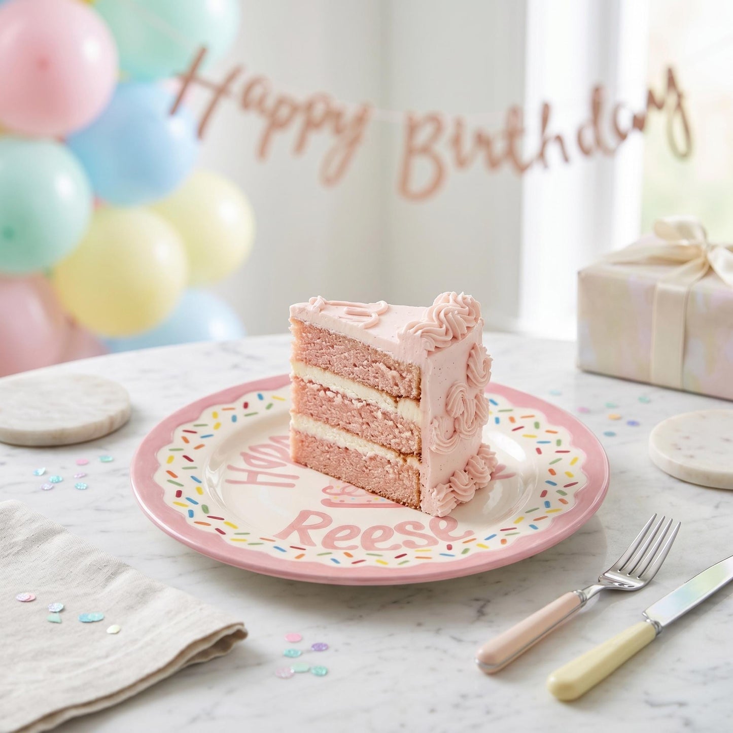 Personalized Birthday Plate – Pink Sprinkles & Cake Design | B061