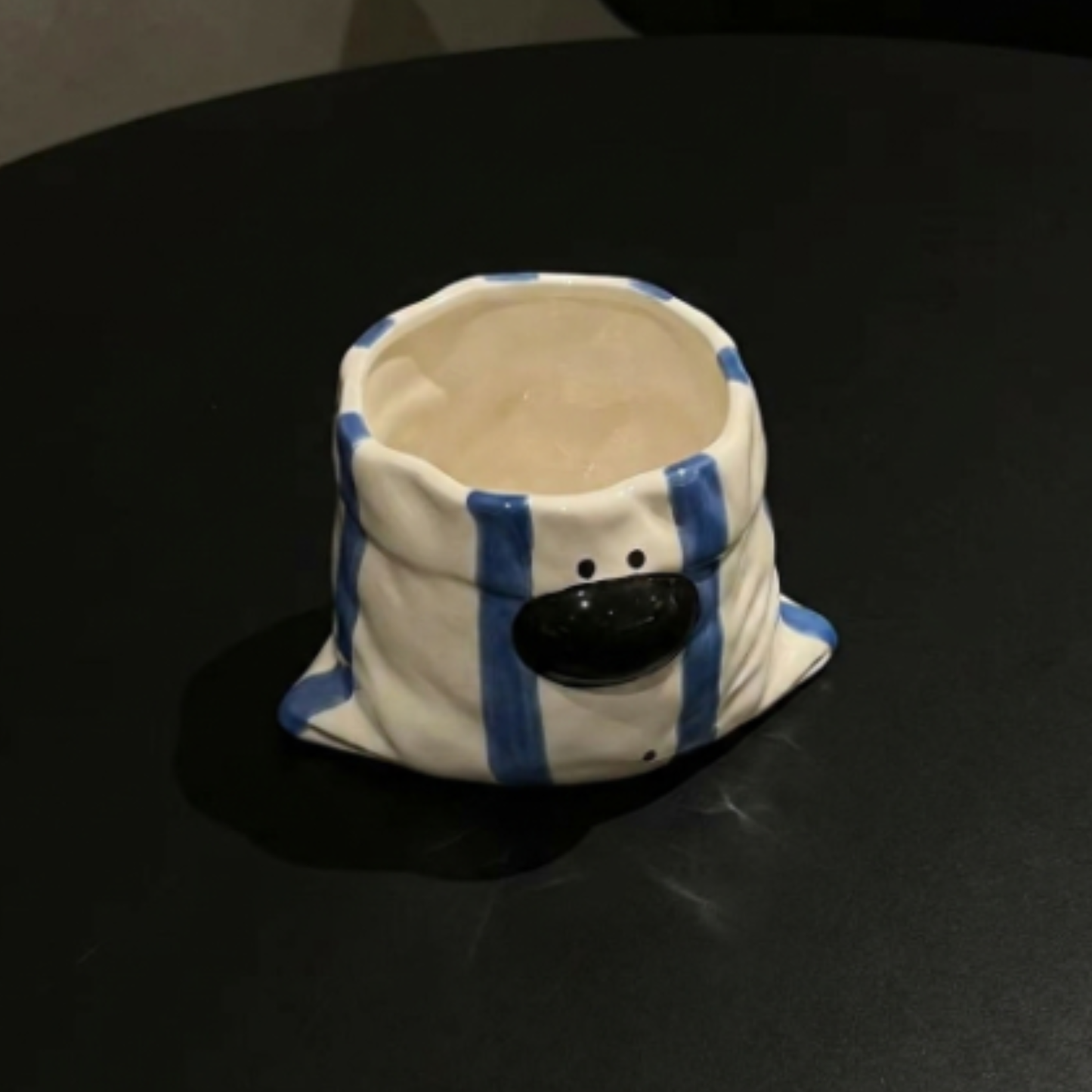 Handcrafted Blueberry Ceramic Bag Mug, Cute Hand-painted Blue Stripe Paper Bag Shaped Cup • HX43