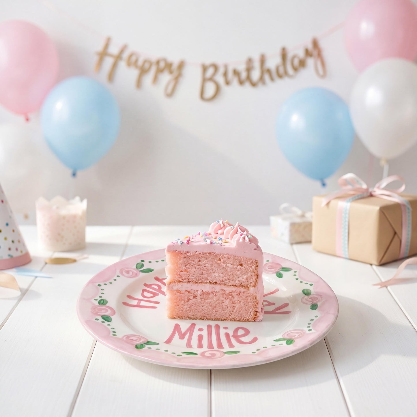 Personalized Birthday Plate – Pink Rose Garland & Cake Design | B063