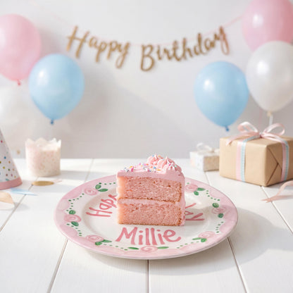 Personalized Birthday Plate – Pink Rose Garland & Cake Design | B063