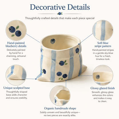 Handcrafted Blueberry Ceramic Bag Mug, Cute Hand-painted Blue Stripe Paper Bag Shaped Cup • HX43