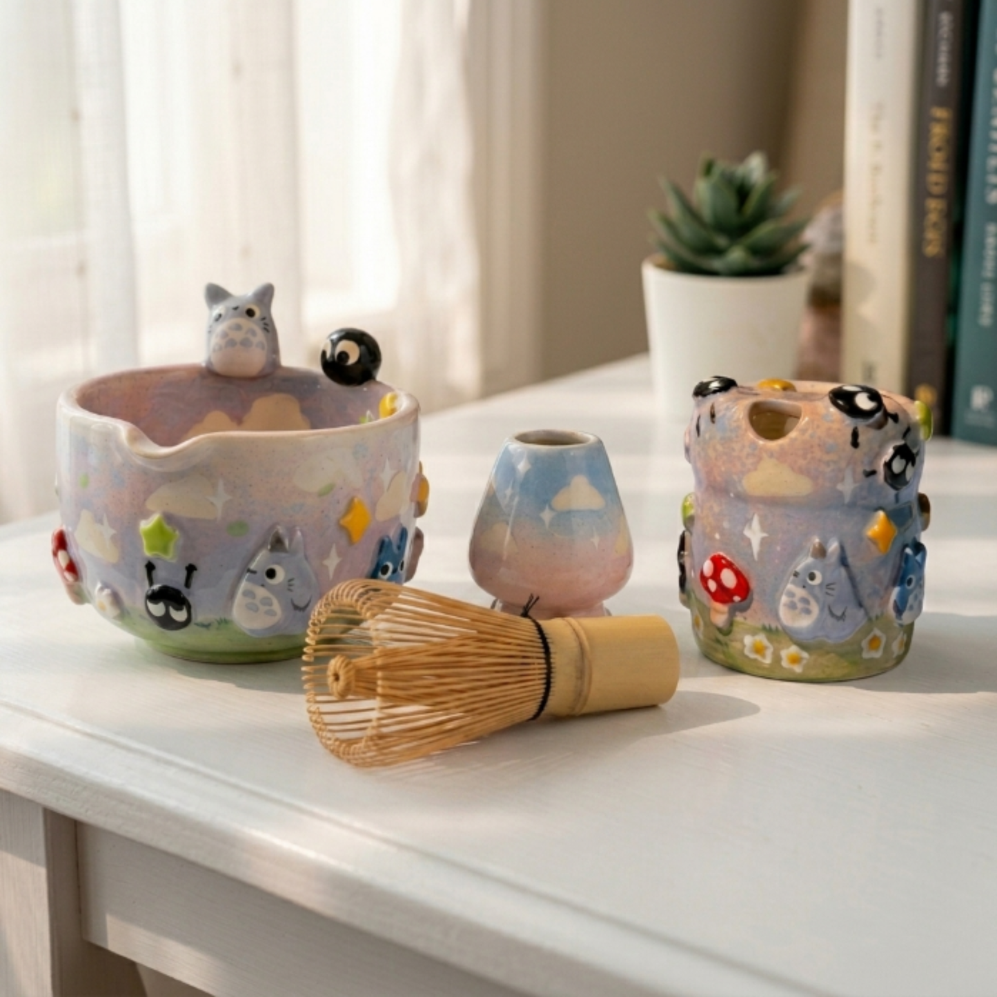 Totoro Matcha Bowl Set, Woodland Inspired Pottery, Anime Inspired Decor| Handmade Ceramic Chawan | LA023