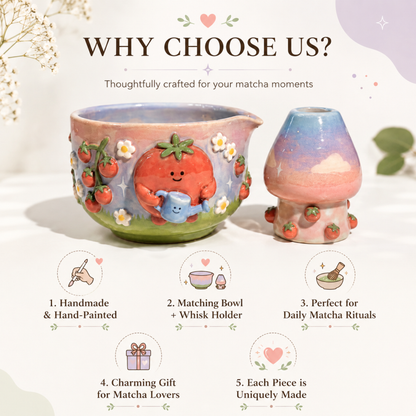 Handmade Cute Tomato Ceramic Matcha Bowl Set | Kawaii Spouted Chawan & Whisk Holder • HX54