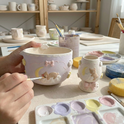 Lavender Dream Teddy Bear & Crescent Moon 3D Handcrafted Ceramic Matcha Bowl and Whisk Holder Set • HX27