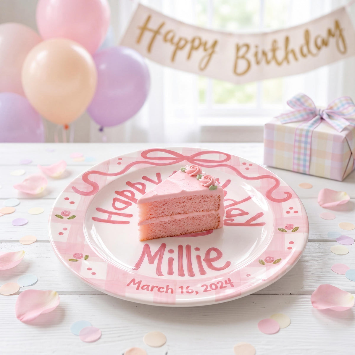 Personalized Birthday Plate – Pink Gingham Bow & Floral Cake Design | B059