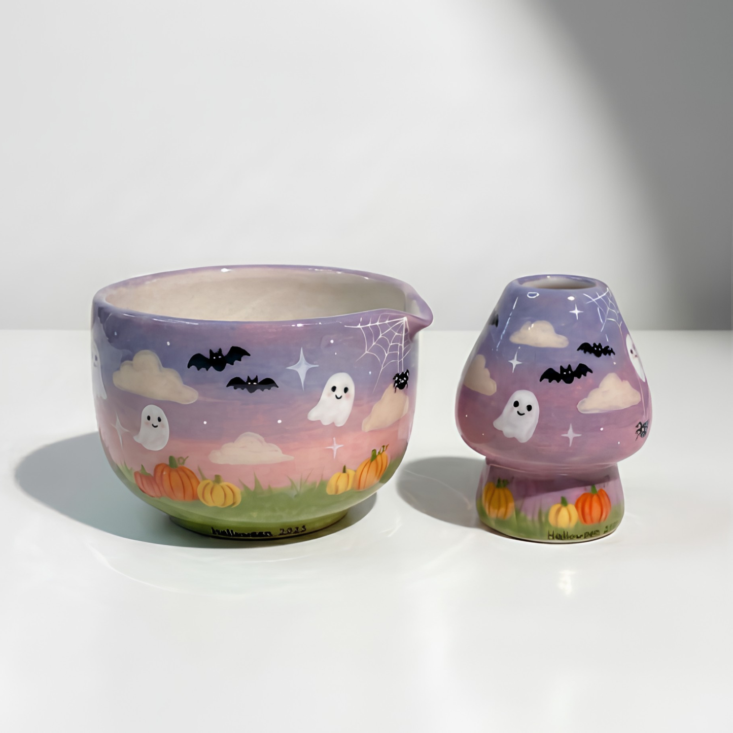 Handcrafted Dreamy Halloween Night Ceramic Matcha Bowl and Whisk Holder Set • HX46