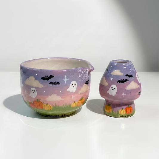 Handcrafted Dreamy Halloween Night Ceramic Matcha Bowl and Whisk Holder Set • HX46