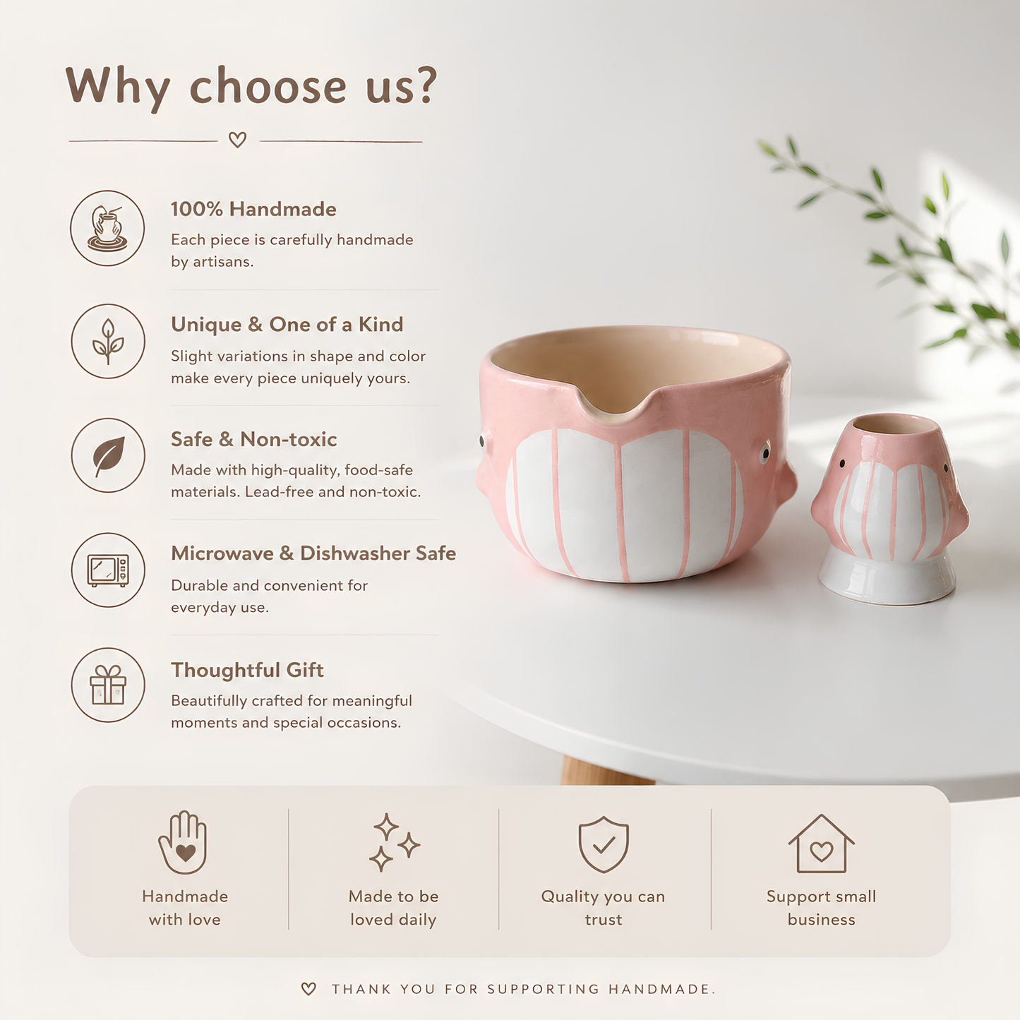 Cute Pink Dolphin Ceramic Matcha Bowl and Whisk Holder Set – Handcrafted Pastel Matchawan • HX13