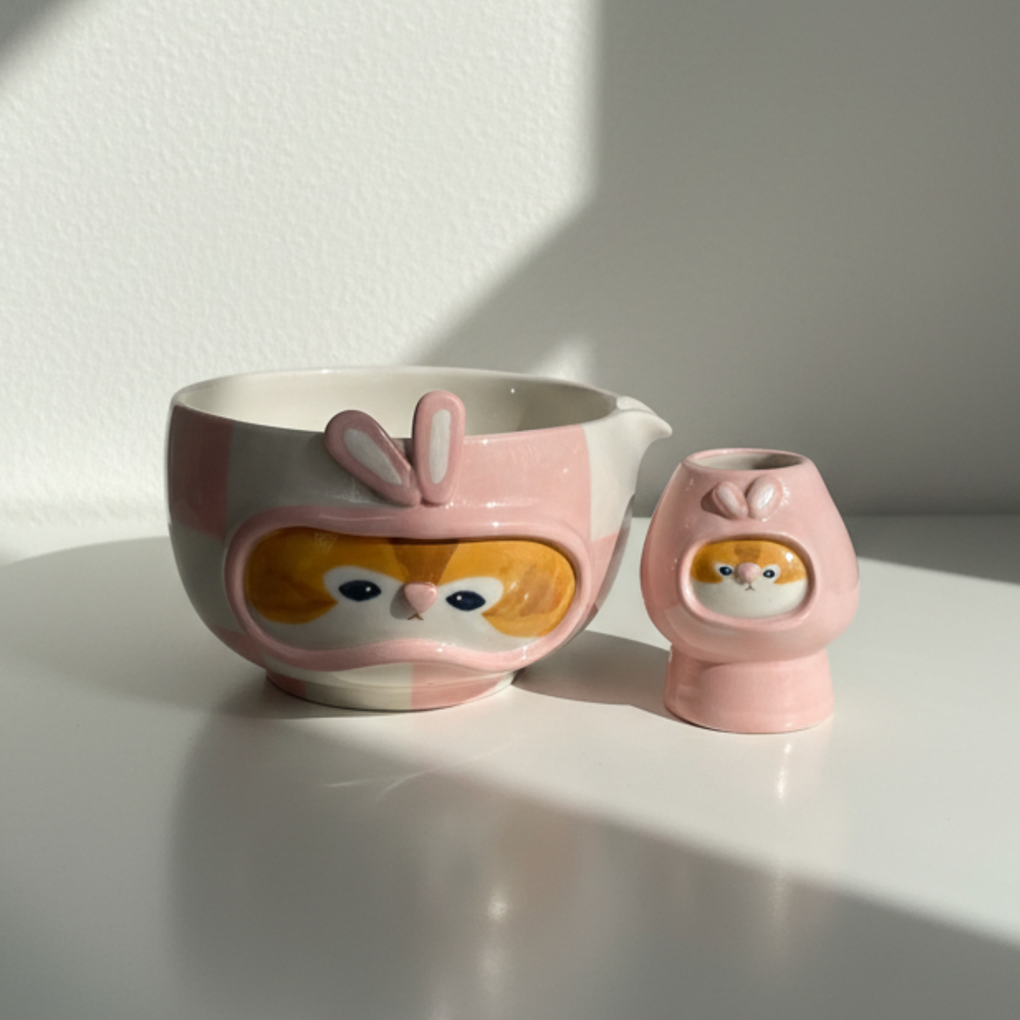 Kawaii Handcrafted Ceramic Pilot Squirrel Matcha Bowl and Whisk Holder Set – Pink Checkerboard Edition • HX28