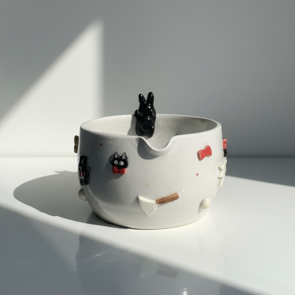 Kiki's Delivery Service Jiji & Moon 3D Handcrafted Ceramic Matcha Bowl and Whisk Holder Set • HX16
