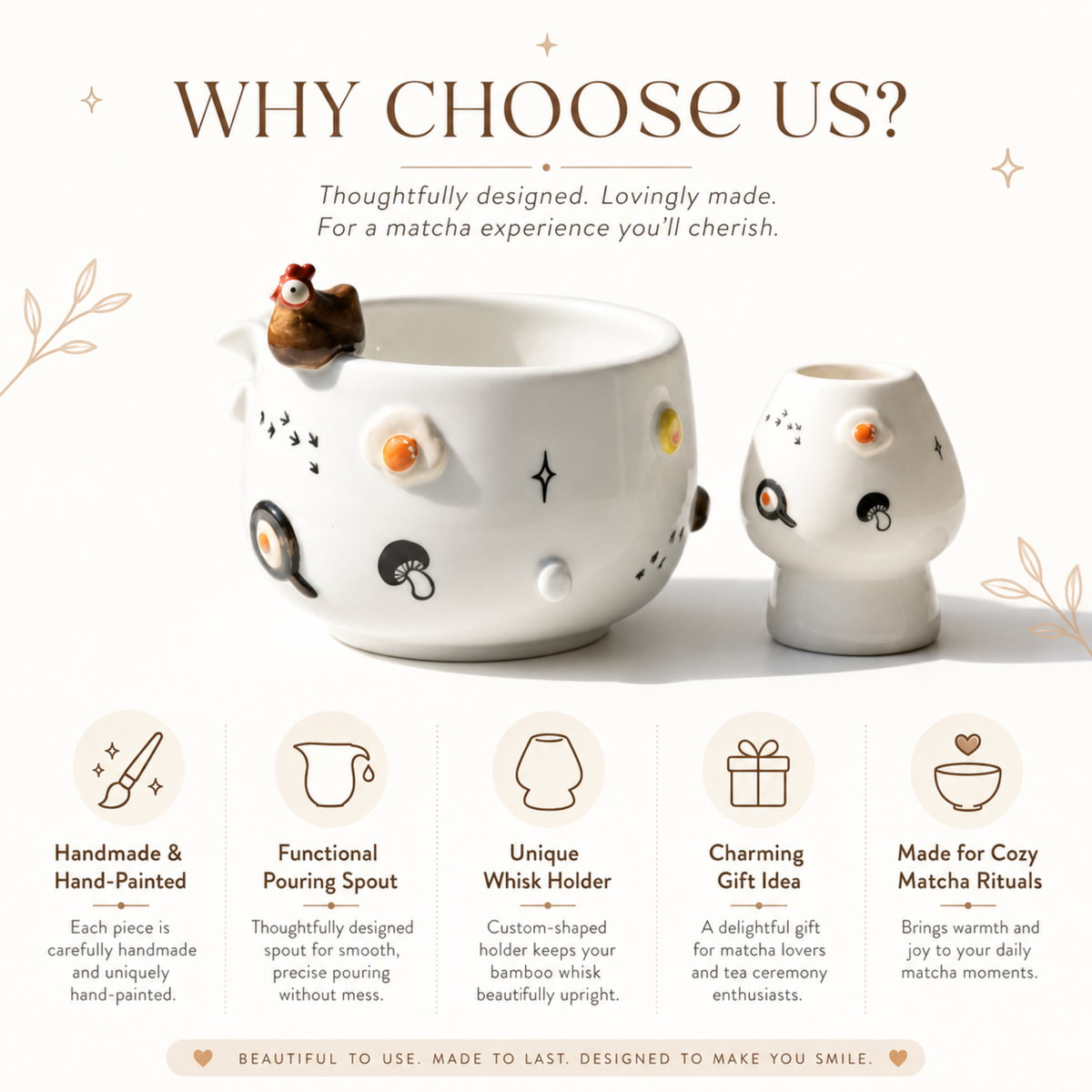 Cute 3D Chicken & Fried Egg Ceramic Matcha Bowl and Whisk Holder Set • HX02