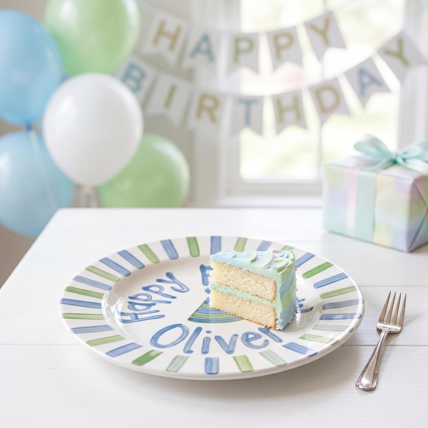 Personalized Birthday Plate – Blue and Green Striped Border & Party Hat Design | B048