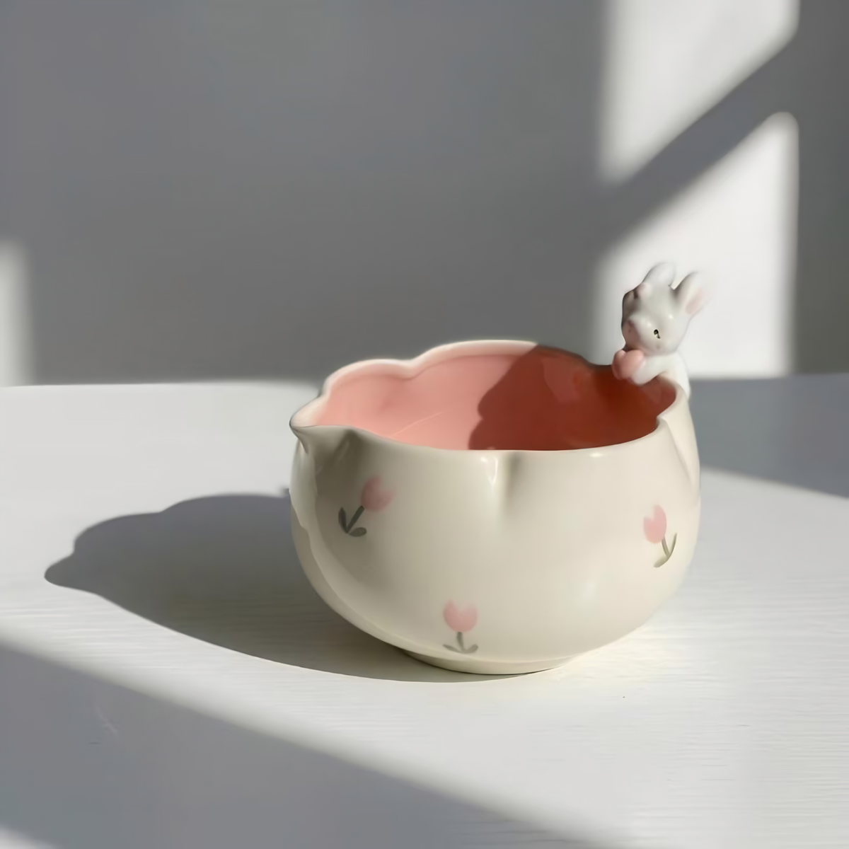 Handmade Bunny Matcha Tea Set - Cute Rabbit Chawan, Ceramic Matcha Bowl with Tulip Whisk Holder, Kawaii Tea Lover Gift | LA043
