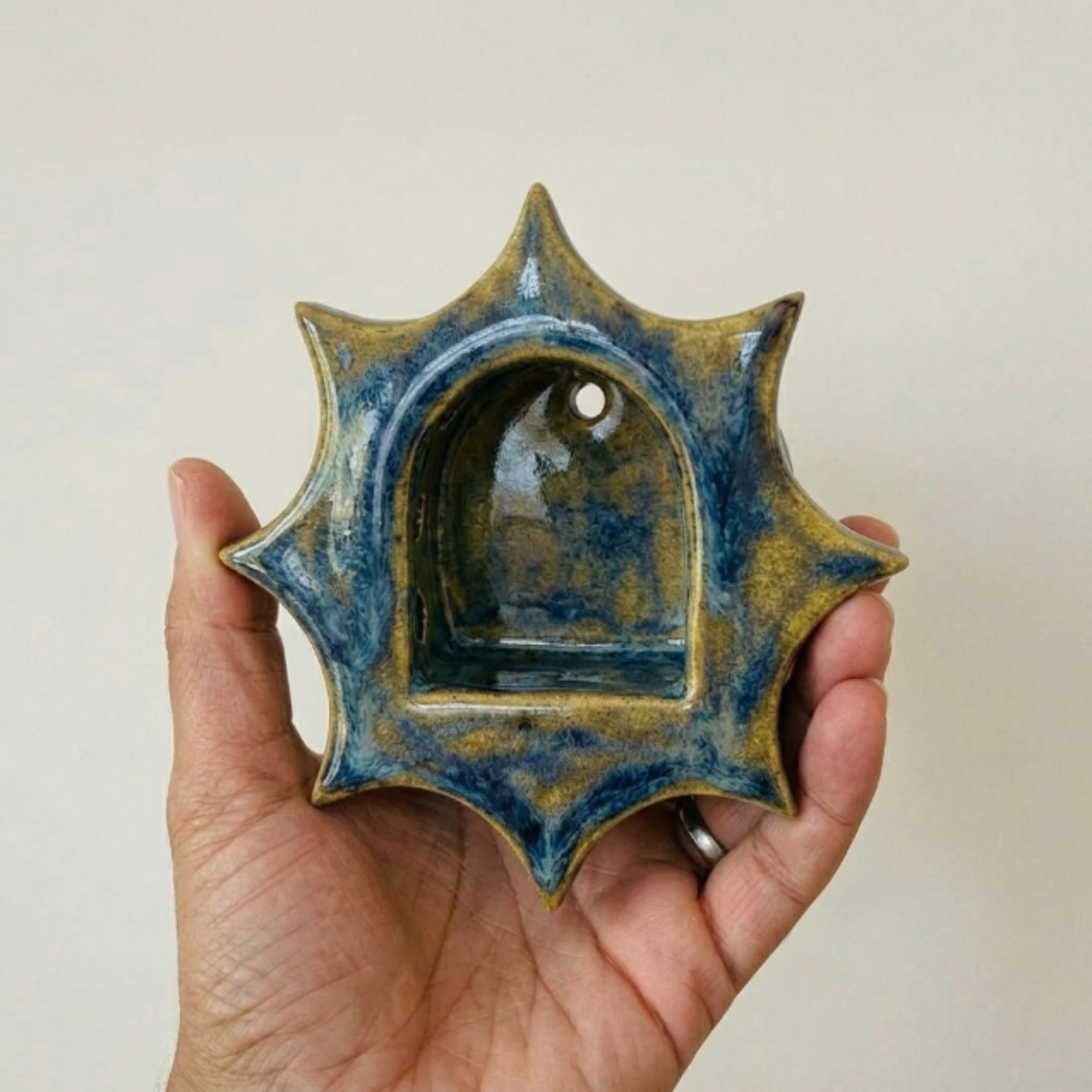 Sunburst Ceramic Wall Sconce – Blue Drip Glaze Candle Holder – Celestial Boho Home Decor| LA111