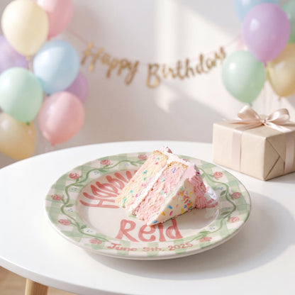 Personalized Birthday Plate – Green Gingham Rose Vine & Floral Cake Design | B047