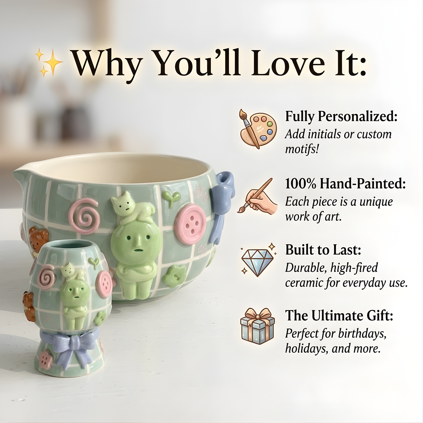 Cute Smiski 3D Pastel Ceramic Matcha Bowl and Whisk Holder Set – Handcrafted Matchawanwl • HX02
