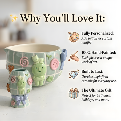 Cute Smiski 3D Pastel Ceramic Matcha Bowl and Whisk Holder Set – Handcrafted Matchawanwl • HX02