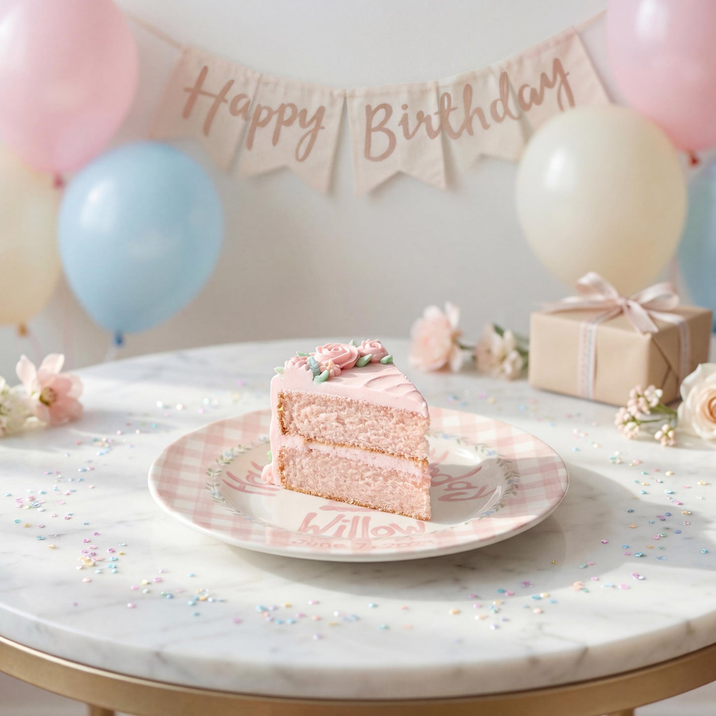 Personalized Birthday Plate – Pink Gingham Floral Wreath & Cake Design | B065