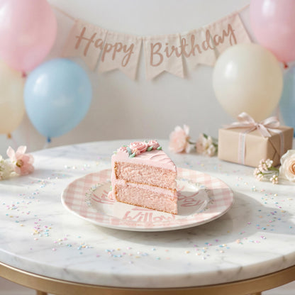 Personalized Birthday Plate – Pink Gingham Floral Wreath & Cake Design | B065