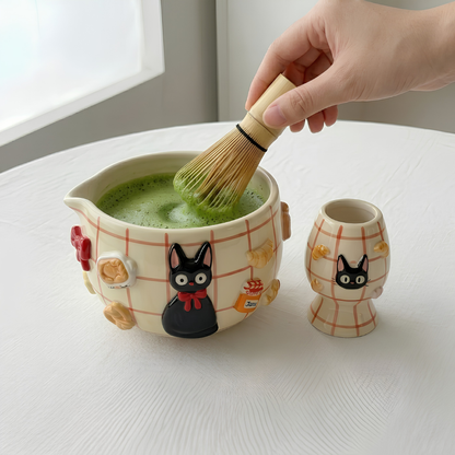 Checkered Jiji Cat Matcha Bowl | Handmade Ceramic Chawan | LA019