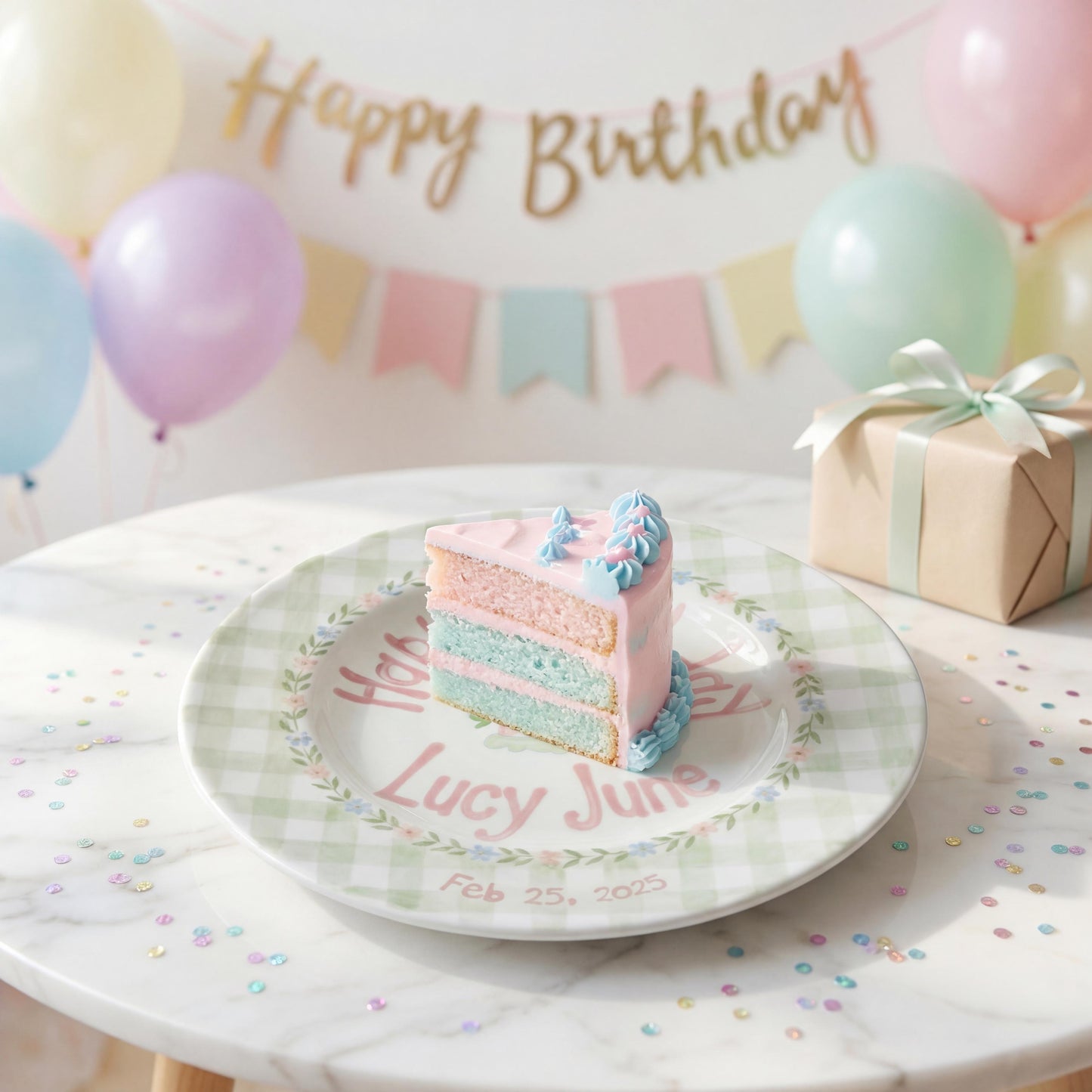Personalized Birthday Plate – Green Gingham Floral Wreath & Cake Design | B064