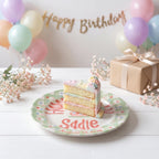 Custom Name Birthday Plate – Green Gingham Flower Cake Design | B066