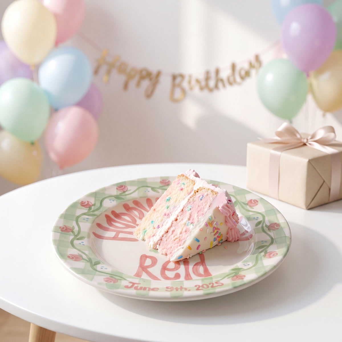 Custom Name Birthday Plate – Green Gingham Floral Cake Design | B047