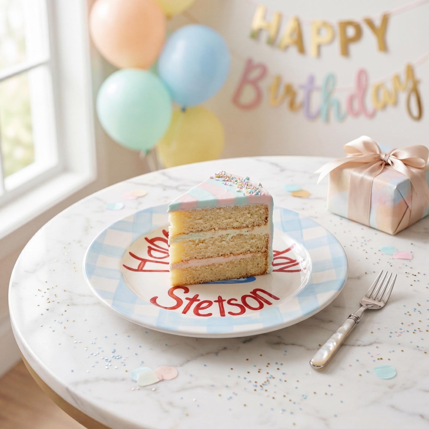 Personalized Birthday Plate – Blue Gingham Border & Blue Cake Design | B054