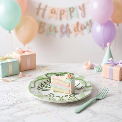 Personalized Birthday Plate – Green Gingham Bow & Cake Design | B058