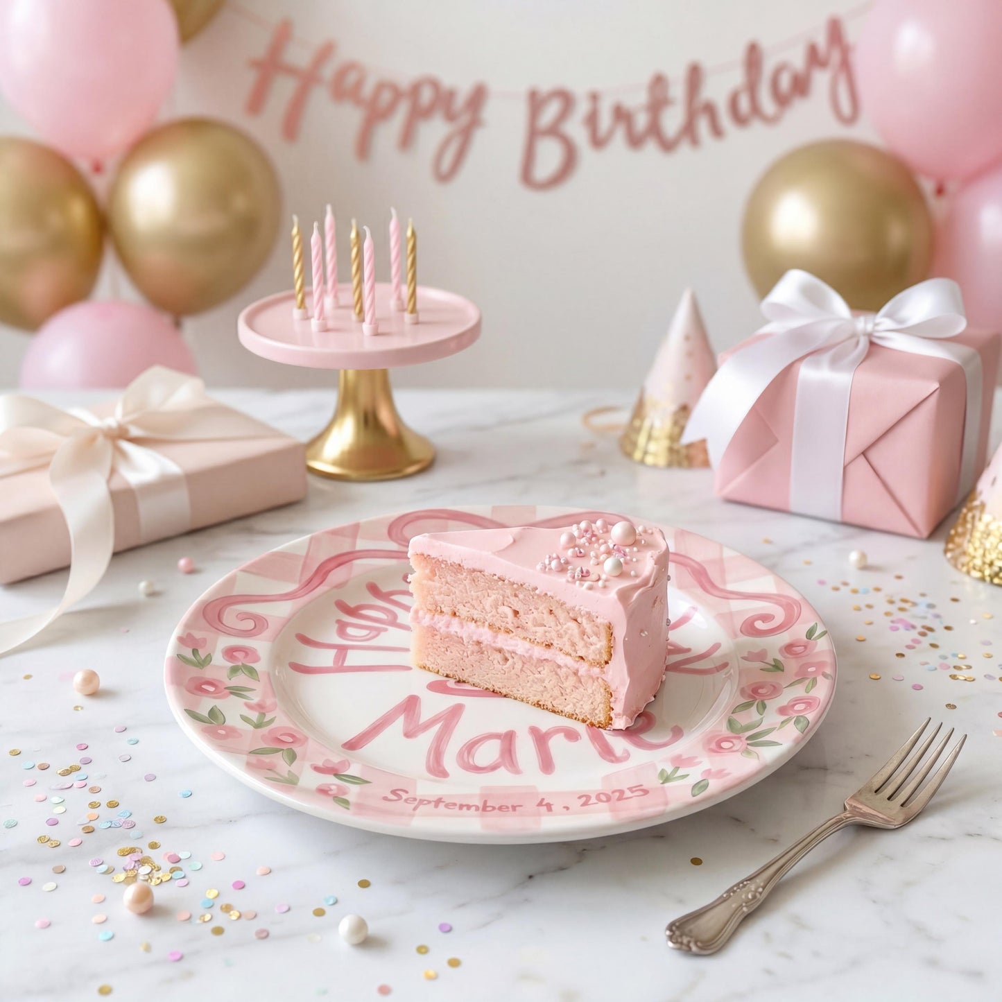 Personalized Birthday Plate – Pink Gingham Bow, Floral & Cake Design | B069
