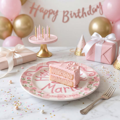 Personalized Birthday Plate – Pink Gingham Bow, Floral & Cake Design | B069