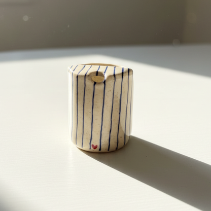 Handcrafted Ceramic Travel Mug with Blue Stripes and Red Heart – Minimalist Reusable Ceramic Coffee Cup & Tumbler • HX03
