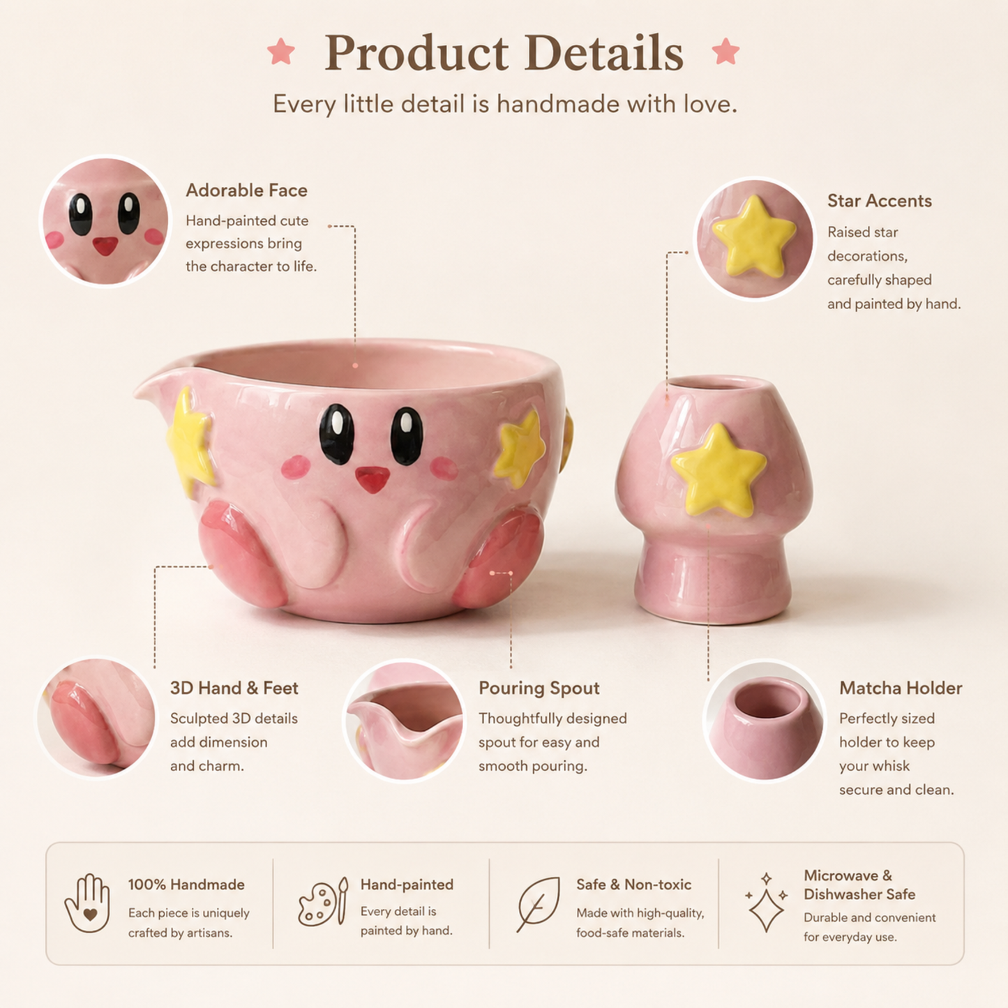 Kawaii Kirby 3D Handcrafted Ceramic Matcha Bowl and Warp Star Whisk Holder Set • HX14