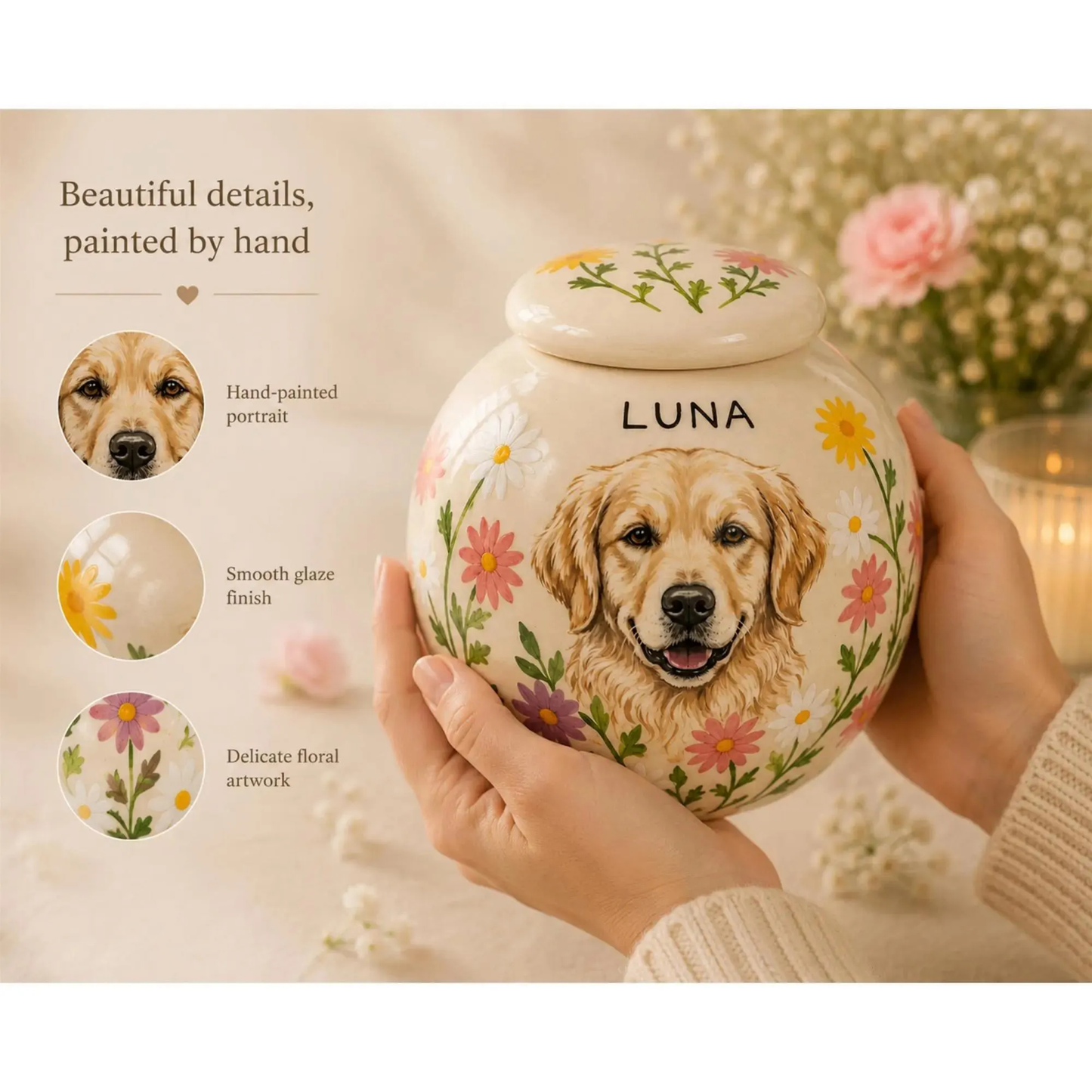Hand-Painted Pet Portraint Urn | Personalized Ceramic Keepsake | LA200