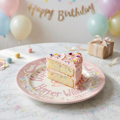 Personalized Birthday Plate – Pink Bow Cake & Sprinkles Design | B026