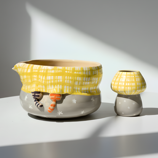 Handmade Cozy Hiding Cat Ceramic Matcha Bowl Set | Kawaii Plaid Tea Set • HX56