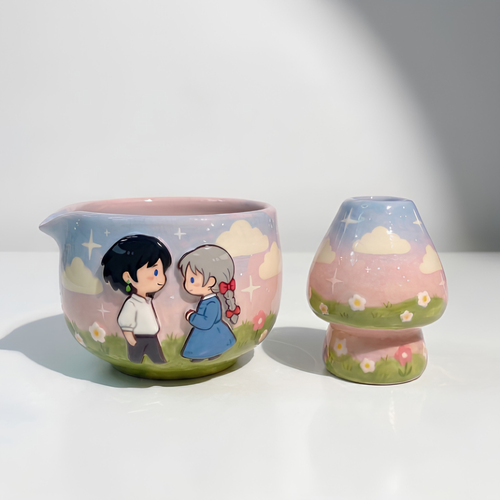 Howl's Moving Castle Howl & Sophie 3D Handcrafted Ceramic Matcha Bowl and Whisk Holder Set • HX24