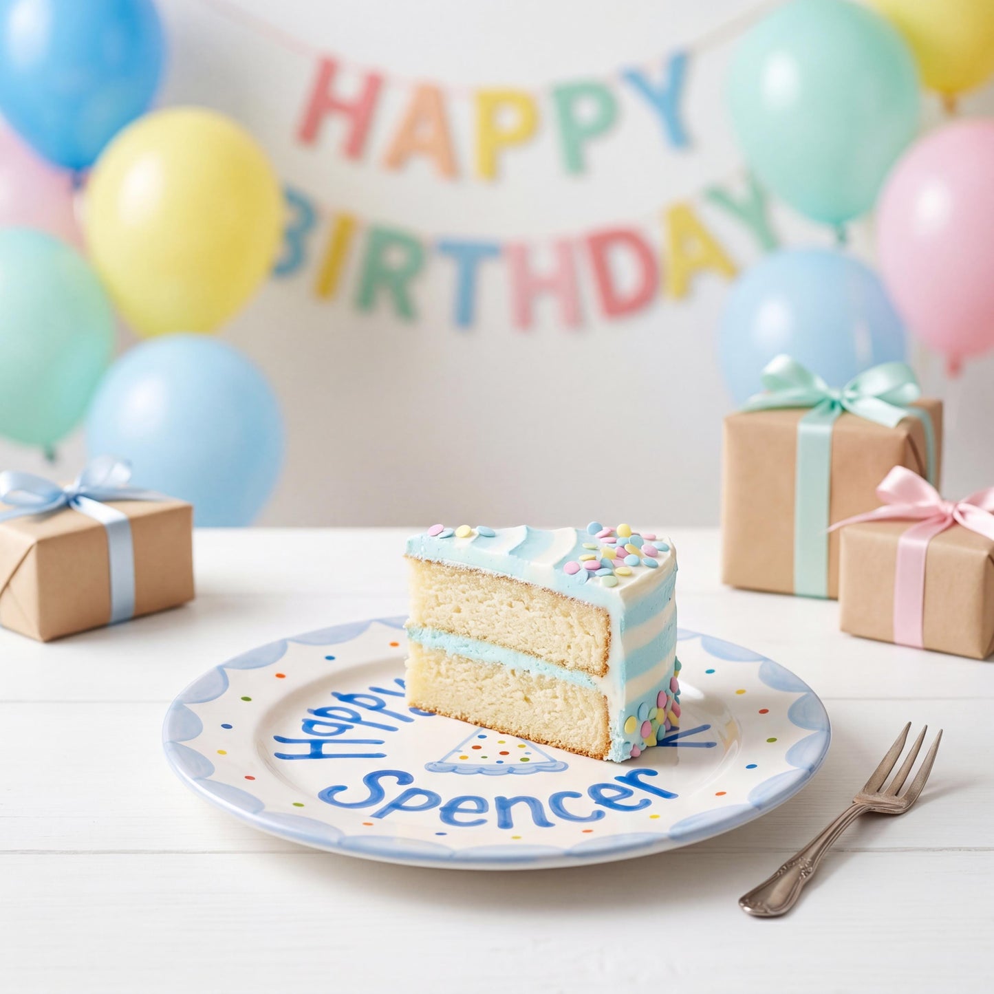 Personalized Birthday Plate – Polka Dot Party Hat & Blue Scalloped Border Design | B053
