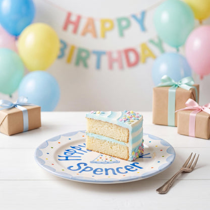 Personalized Birthday Plate – Polka Dot Party Hat & Blue Scalloped Border Design | B053